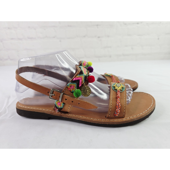 Handmade In Greece Leather Evil Eye Boho Sandals Strappy Carmel Size 9 - Picture 2 of 8